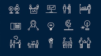 Fototapete - Set of 15 thin line icons depicting various elements of a business meeting such as team project speaker podium and QA session  These minimalist icons are suitable for corporate office