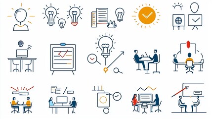 Poster - Outline Icon Set Depicting Various Symbols and Elements Related to Collaborative Work Processes Teamwork Activities and Business Meetings and Discussions