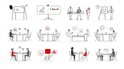 Poster - Set of 15 thin line icons depicting various business meeting and presentation elements including team project speaker podium and QA session designed for use in corporate professional