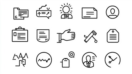 Poster - Comprehensive set of 15 outline icons representing various professional interactions and handshake meeting schedule and attendee badge in a clean style with editable strokes