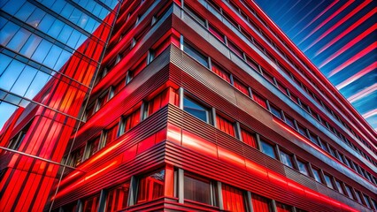 Poster - Captivating Architectural Photography of a Modern Building with Dynamic Red Paint Streaks on the Facade Creating a Bold and Contemporary Visual Statement in Urban Settings