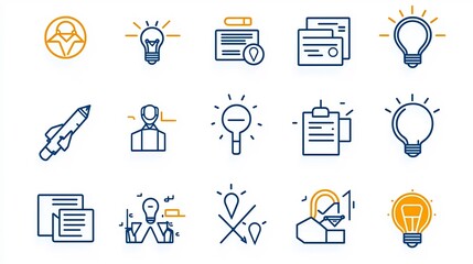 Poster - Collection of 15 minimalist outline style icons for team gatherings conferences and project planning events focusing on networking knowledge sharing and collaborative workflows
