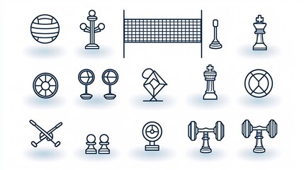 Aufkleber - Minimalist outline icon set featuring 15 sports related symbols including volleyball net chess pieces and gym dumbbells in a modern style with editable stroke