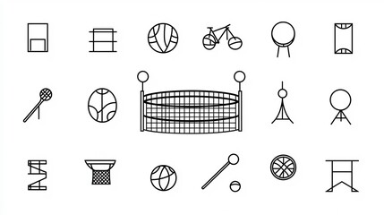 Poster - Collection of 15 outline style icons for recreational sports focusing on a boxing ring basketball net and volleyball court in a minimal design