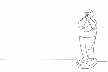 Wall Mural - Continuous one line drawing obese woman weighing herself on a scale. Feelings of shame. Feelings of disbelief. Being too fat. Inferior. World Obesity Day. Single line draw design vector illustration