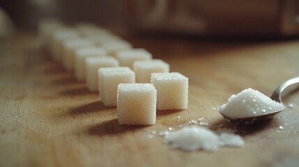 Poster - White sugar cubes arranged diagonally on a wooden table with granulated sugar and a spoon, hinting at sugar consumption and healthy lifestyle choices
