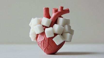 Poster - Sugar cubes on a heart model show risks of heart disease from too much sugar, urging healthier choices for heart health