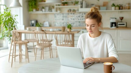 Aufkleber - Focused Woman Intently Working on Laptop in Bright Minimalist Designed Room with Warm Touches of White Blouse and Coffee Cup
