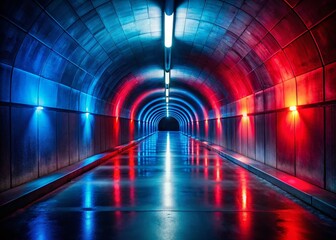Poster - Captivating Conceptual Photography of a Dark Tunnel Illuminated by Striking Blue and Red Lights Creating a Contrast of Shadows and Brightness for Artistic Exploration
