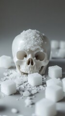 Poster - White skull and sugar cubes lying on a gray background representing the health risks of excessive sugar consumption, promoting awareness of sugar reduction and sugar free lifestyle choices
