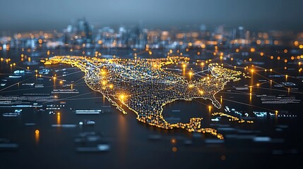 Aufkleber - Futuristic data flow visualization of the North American continent formed by a dynamic network of bright golden dots and lights