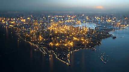 Aufkleber - Futuristic visualization of North America formed with bright golden dots and network like lights each point symbolizing the flow of data and creating a dynamic sense of depth and movement