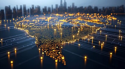 Poster - Futuristic visualization of North America formed with bright golden dots and network like lights
