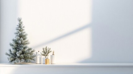 Poster - Small christmas tree with decorations on white shelf against empty wall