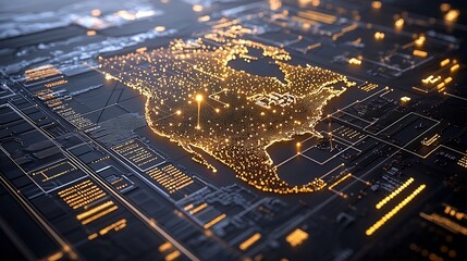 Poster - Futuristic digital rendering depicting the North American continent composed of intricate golden pixels and nodes each resembling a data point set against a dark background with a luminous effect
