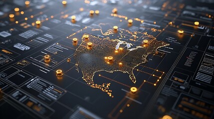 Poster - Glowing Digital Map of North America Showcasing Interconnected Networks and Data Flows   Abstract Futuristic Representing the Technology Connectivity and Data Infrastructure of the Continent