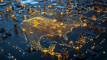 Aufkleber - Intricate digital visualization of North America formed by glowing golden dots with lights arranged like a data network showcasing depth detail and advanced technology