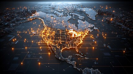 Aufkleber - Vibrant Digital North American Data Network Grid with Intense Golden Lights Symbolizing Advanced Data Flow and Connectivity Across the Continent