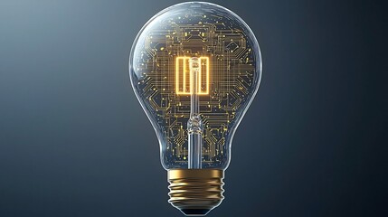 Aufkleber - Futuristic transparent light bulb with intricate golden circuit patterns inside representing digital connections and innovation  The warm glow at the base shines against a dark background