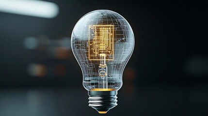 Poster - Transparent Futuristic Bulb with Intricate Golden Circuit Lines Symbolizing Smart Digital Innovation and Technological Advancement