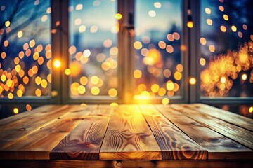 Poster - Captivating Double Exposure of a Wooden Table with Bokeh Lights and a Softly Blurred Window Background, Perfect for Cozy Atmospheres and Interior Design Inspirations