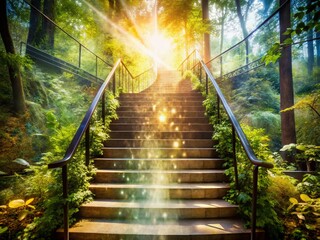 Poster - Captivating Double Exposure of a Staircase Illuminated by Light Creating an Ethereal Atmosphere for Artistic and Inspirational Imagery in Interior Design and Photography