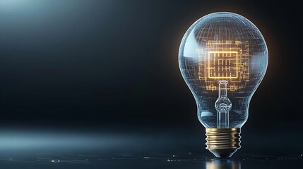 Poster - Glowing High Tech Light Bulb Concept with Clear Structure and Golden Digital Circuitry Representing the Warm Glow of Technological Transformation Set Against a Dark Background