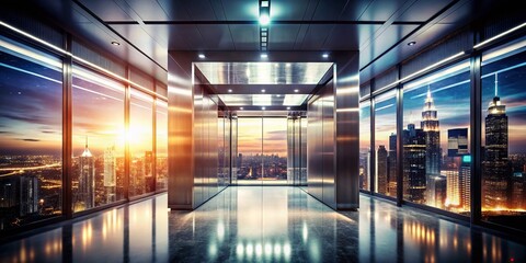 Poster - Captivating Double Exposure of an Empty Black Elevator in a Modern Business Building with Abstract Urban Landscapes and Subtle Light Play