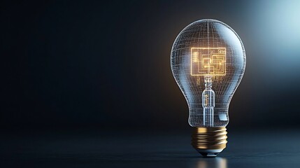 Poster - Glowing High Tech Light Bulb Concept Representing Digital Transformation and Innovation with Clear Structure and Golden Circuitry Inside Set on a Dark Background