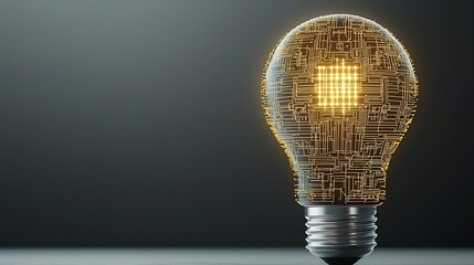 Poster - Glowing metallic light bulb with intricate circuit like patterns in gold symbolizing the interconnectedness of digital technology and creative innovation