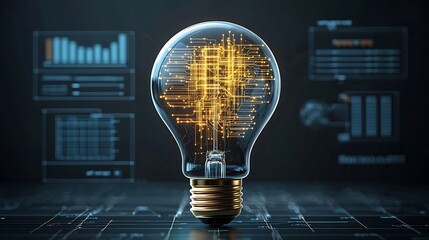 Fototapete - Futuristic light bulb featuring a complex network of golden circuits symbolizing the convergence of creativity and advanced technology