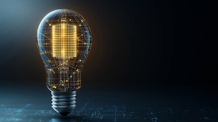 Poster - Intricate golden digital light bulb with warm metallic glow at the bottom set against a dark background highlighting the theme of technological advancement and innovation