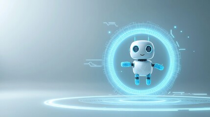 Fototapete - Futuristic 3D Abstract Robot Floating Above Glowing Light Blue Neon Portal with Low Poly Wireframe Tech Background  Cute Polygonal Bot Assistant Hovering in Cyber Futuristic Digital Scene