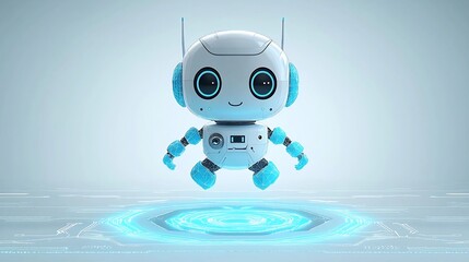 Fototapete - Futuristic robot assistant floating above a glowing light blue neon portal set against a low poly wireframe tech background in a cute minimalist and vibrant 3D digital art style