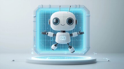 Fototapete - Futuristic of a Low Poly 3D Robot Assistant Hovering Above a Neon Blue Portal with a Sleek Wireframe Tech Inspired Background Symbolizing Innovation and Digital Transformation