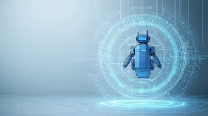 Fototapete - Futuristic digital robot with a low poly blue body floating above a light blue neon portal tech background with wireframe lines creating a sense of innovation and advancement