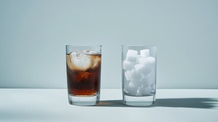 Poster - Comparing two glasses, one with soda and ice, the other with sugar cubes, showing the high sugar content in soft drinks for healthier choices