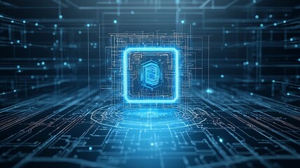 Poster - Captivating 3D abstract digital robot with a low poly blue structure floating above a bright blue neon portal surrounded by a tech inspired wireframe background
