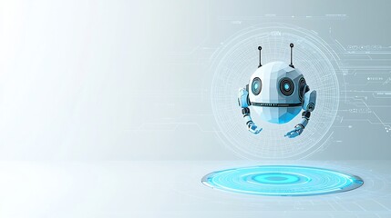 Poster - Abstract low poly digital robot floating above a light blue neon portal with a wireframe tech background in a futuristic style representing modern technology and intelligence