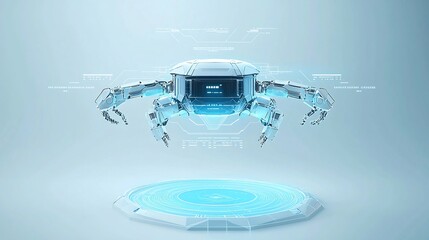 Poster - Abstract low poly digital robot floating above a light blue neon portal with a wireframe tech background in a futuristic style