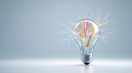 Poster - Intense multicolored electric sparks and branching lightning bursts emanating from a glowing light bulb creating a vibrant futuristic glow effect on a transparent background
