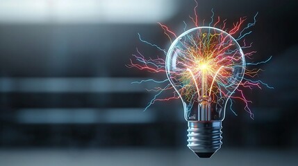 Aufkleber - Striking Futuristic Visual of a Light Bulb Filled with Glowing Multicolored Electric Sparks and Dynamic Branching Lightning Bolts on a Transparent Background Symbolizing Innovation Energy