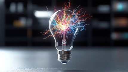 Fototapete - Bright multi colored electric sparks and intricate branching lightning emanating from a glowing light bulb against a transparent background creating a futuristic and energetic visual