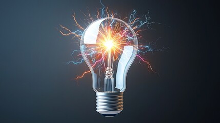 Aufkleber - Dazzling electric sparks and vivid lightning bolts branching inside a light bulb glowing with multi colored energy against a transparent background