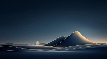 Poster - Elegant and Digital of a Mountain Landscape with a Minimalist Metallic Gold Line Art Overlay on a Serene Deep Blue Background Creating a Refined and Visually Striking Aesthetic
