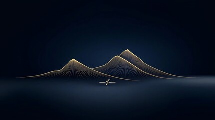 Poster - Elegant gold line art mountain peaks in a timeless hand drawn style set against a simple dark blue background creating a serene and tranquil natural landscape scene
