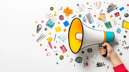 Aufkleber - Conceptual image depicting a hand grasping a megaphone filled with a vibrant collage of modern art elements representing communication idea sharing creativity and bold self expression