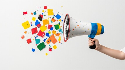 Poster - Hand holding a vibrant megaphone bursting with an abstract art collage representing dynamic communication and the sharing of innovative ideas in a modern and style