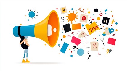 Poster - Hand Holding a Vibrant Megaphone Bursting with Abstract Art Collage Pieces Representing Expressive Communication and the Sharing of Creative Ideas in a Modern and Style
