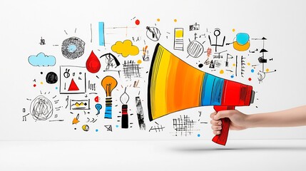 Aufkleber - Loud and Dynamic Spread of Modern Art Collage held in a Hand Megaphone Symbolizing the Powerful Communication and Dissemination of Creative Ideas and Expressions